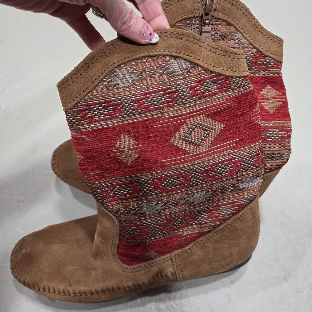 Minnetonka Tan Suede Boots with Red Aztec Textile Shaft